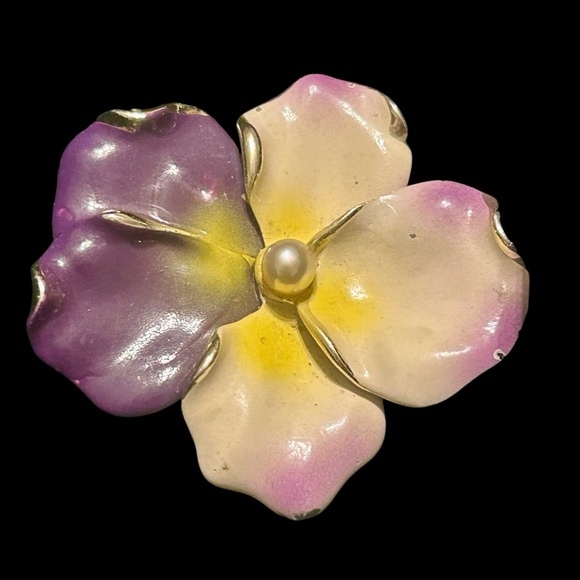 Enamel Pansy Flower Brooch Vintage - Picture 3 of 4
